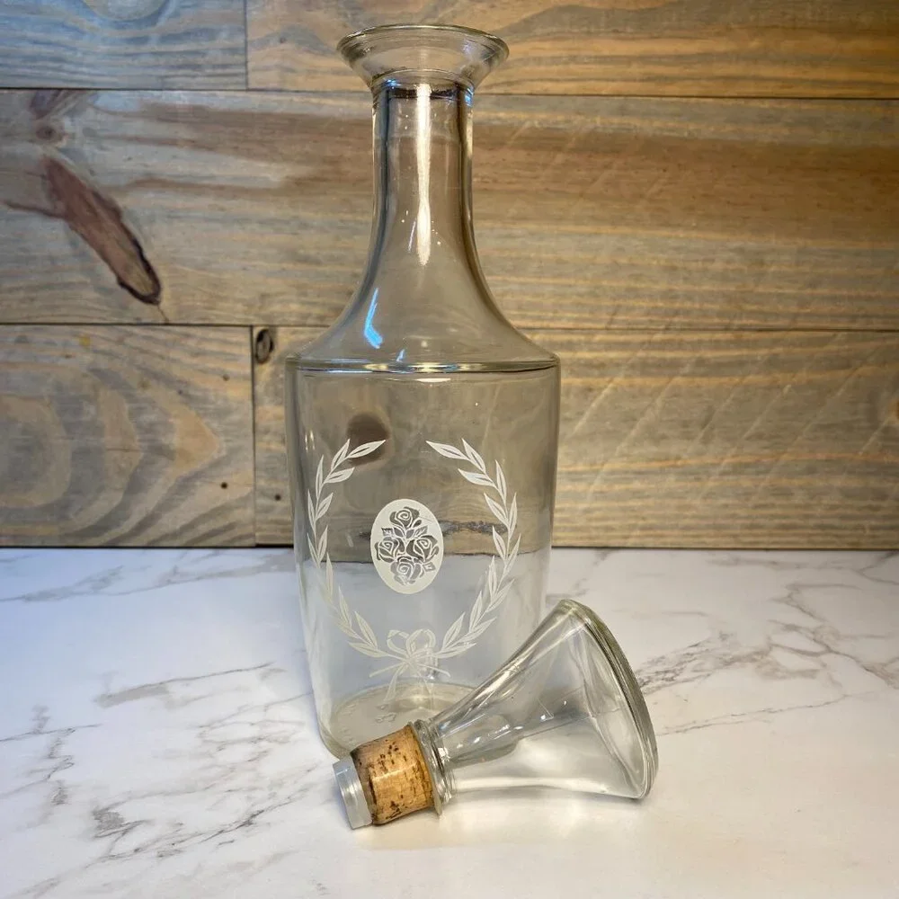 Clear Glass Decanter Etched Roses Laurel Wreath Bow Design with Corked Stopper
